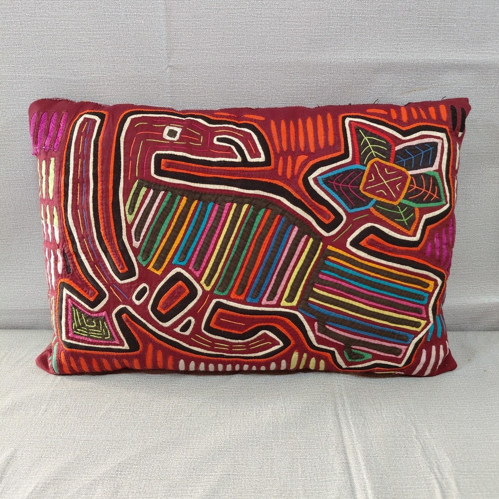 Vtg Kuna Mola Throw Pillow 16" x 11" Multicolor Handmade Panama Art Exotic
